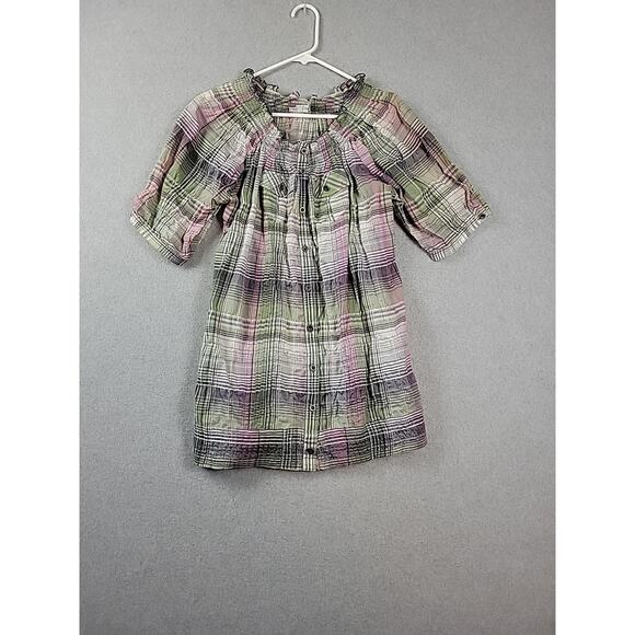Maurices Green Plaid SS Button Up Smocked Tunic Peasant Top Women's Plus 1 1X - Picture 1 of 13